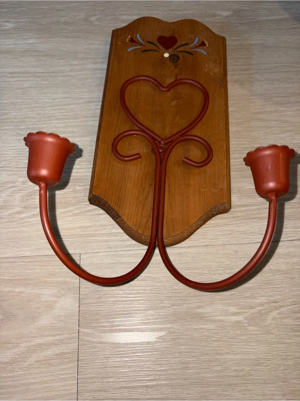 Rust Red Heart Wall Candle Sconce on Wood Backing & Two Wood Hearts!❤️🤎🩵